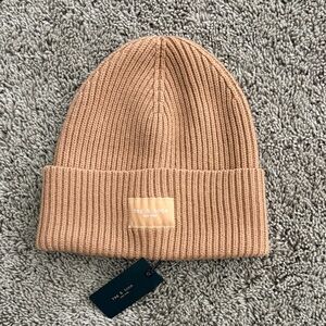 NWT! Rag & Bone Blake Logo Patch Wool Blend Rib Beanie in Brown